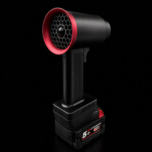 VX-01 blower on Milwaukee M18 battery — studio shot